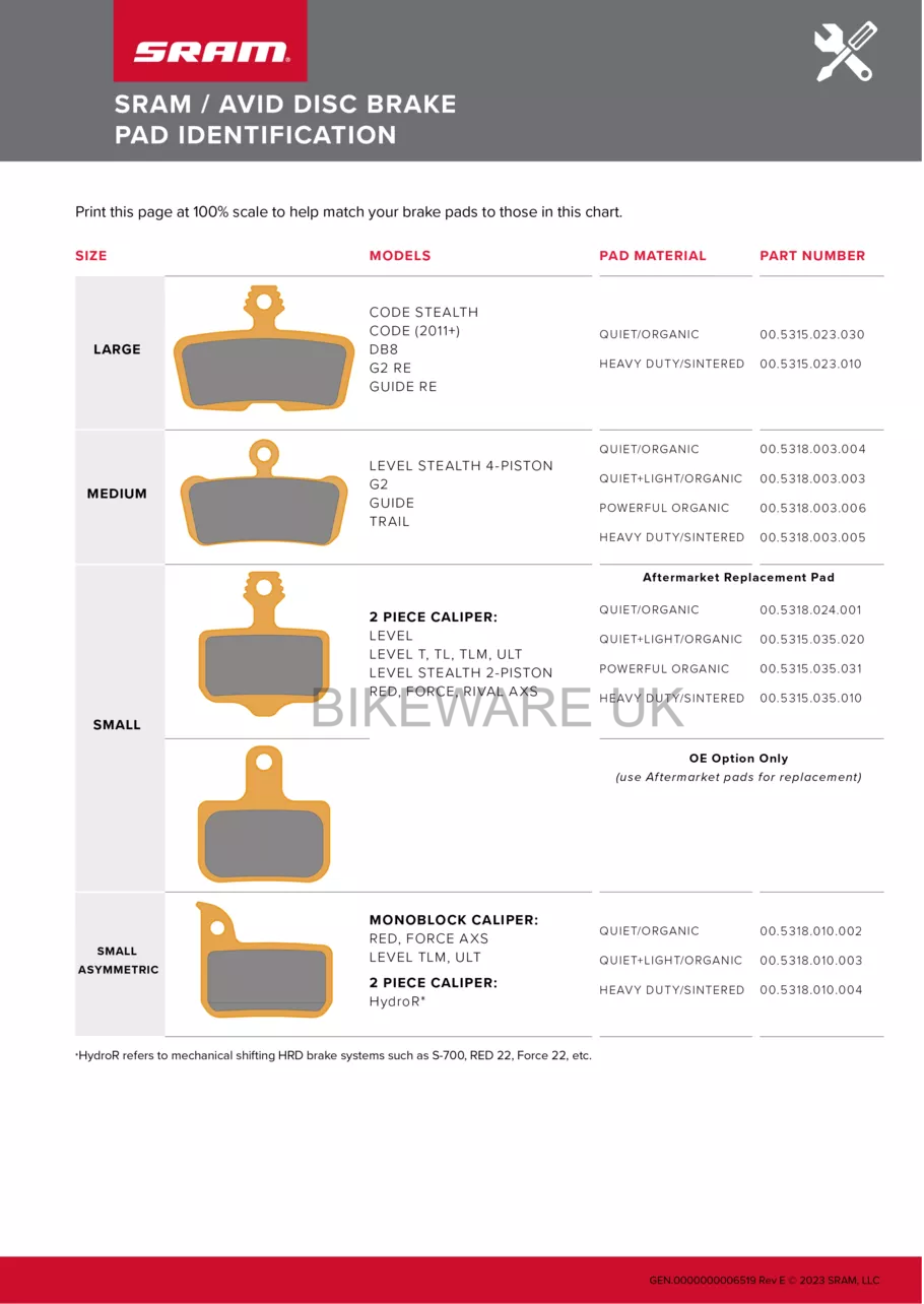 Genuine SRAM/AVID Guide R / RS / RSC /Ultimate/Trail/X0/E7/E9 Metallic Brake pad - BIKEWARE 