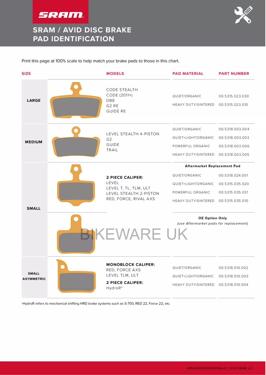 Genuine SRAM/AVID Red, Force, Rival, Apex, Level, S700 Metallic Brake Pads - BIKEWARE 